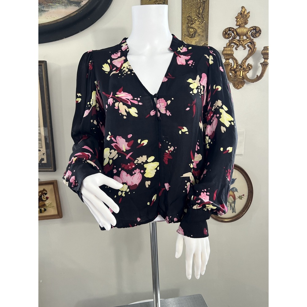 A.L.C. Black Pink Floral Silk Long Sleeve V-Neck Blouse Top Size 0 RTR